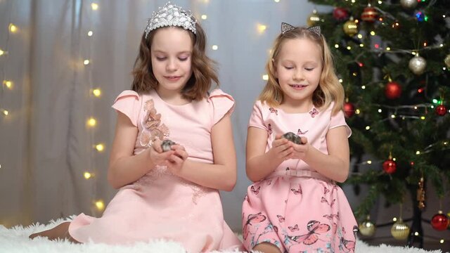 two beautiful and happy little girls in pink dresses play with a hamster at the Christmas tree. the relations of the sisters in the family. Happy New Year. fashionable elegant clothes for girls.
