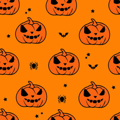 Halloween Pumpkin Seamless Pattern on Orange Background, Vector illustrator Design
