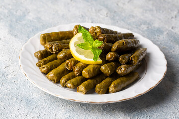 Delicious dolma (sarma) stuffed grape leaves rice, white yogurt sauce. Lebanese dolma sarma on plate. Lebanon turkish greek middle eastern cuisine. (Turkish name; Yaprak sarma)