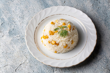 Corn rice in a rice bowl (Turkish name; misirli pilav)
