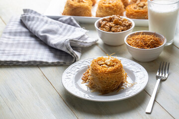 Traditional delicious Turkish food; walnut kadayif, Turkish name; kase kadayif