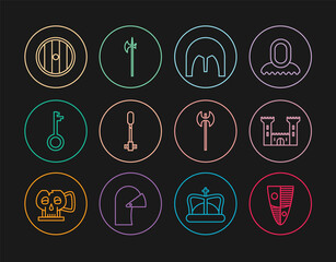 Set line Shield, Castle, Medieval iron helmet, Torch flame, Old key, Round wooden shield, axe and halberd icon. Vector