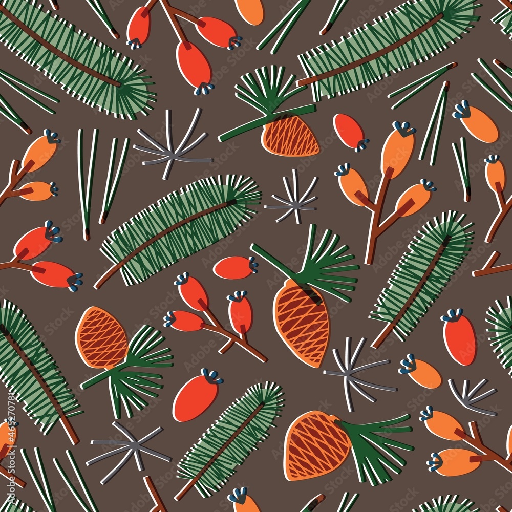 Aufkleber natural seamless pattern with fir needles, branches of coniferous tree, pine cones, berries on dark 