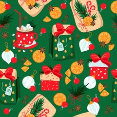 Christmas. Seamless background with New Year's elements. Vector texture. Template for wrapping paper. Gifts, toys, garlands, packages, cocoa.