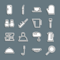 Set line Frying pan, Kettle with handle, Fork, Coffee cup, Salt pepper, Refrigerator and Measuring icon. Vector
