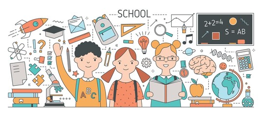 Back to school horizontal banner with adorable smiling kids or pupils surrounded by textbooks, educational materials, study and education symbols. Colorful vector illustration in modern linear style.