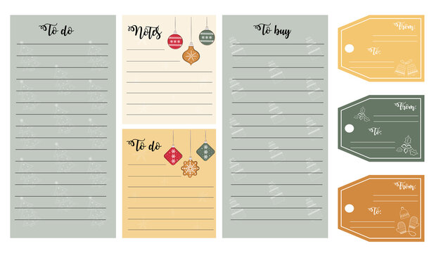 Christmas gift tags. Cute Christmas and New Year to do list and notes template. Note paper and stickers set with Christmas winter elements. Template for agenda, schedule, planners, checklists.