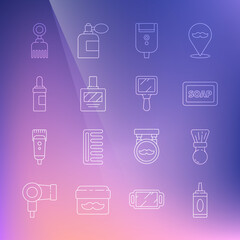 Set line Bottle of shampoo, Shaving brush, Bar soap with foam, Electric razor blade for men, Aftershave, Beard and mustaches care oil bottle, Hairbrush and Hand mirror icon. Vector