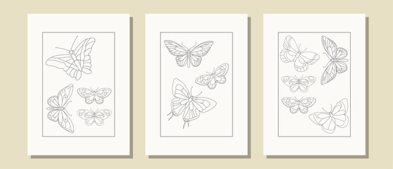 Set of posters with butterflies in modern, trendy colors, contemporary aesthetic background or card template
