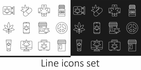 Set line Medical bottle with cannabis, Peace, marijuana or leaf, Mobile and, Marijuana, store, and pills icon. Vector