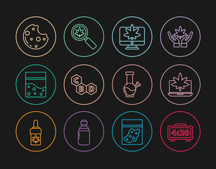 Set line Digital alarm clock, Laptop and marijuana or cannabis, Monitor, Cannabis molecule, Plastic bag of, Cookies with, Glass bong for smoking and Magnifying glass icon. Vector