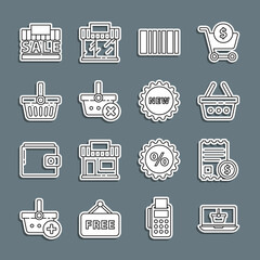 Set line Shopping basket on laptop, Paper check and financial check, Barcode, Remove shopping, building sale and Price tag with text New icon. Vector