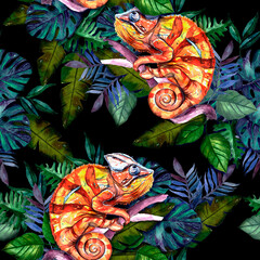seamless pattern with chameleon in leaves