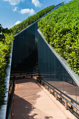 Original entrance to "Mirror Maze" recreation area. Evergreen Prunus lusitanica (Portuguese laurel) on artificial hill around labyrinth. City Park of Krasnodar. Public landscape park for recreation.