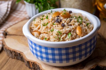 Traditional delicious Turkish food; Almond rice pilaf (Turkish name; Bademli pirinc pilavi)