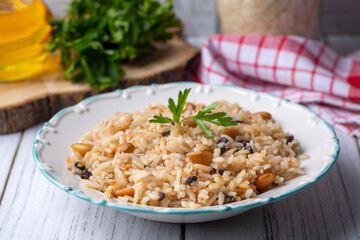 Traditional delicious Turkish food; Almond rice pilaf (Turkish name; Bademli pirinc pilavi)