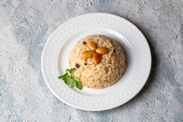 Traditional delicious Turkish food; Almond rice pilaf (Turkish name; Bademli pirinc pilavi)
