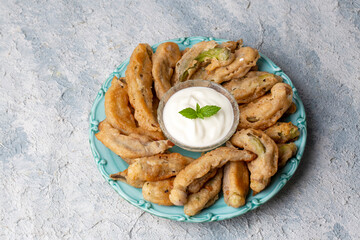 Fried Okra Tempura with Yogurt - Yoghurt Sauce. Healthy Snacks.