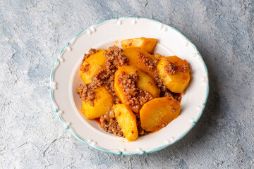 Traditional delicious Turkish food; meat potato dish (Turkish name; kiymali patetes)