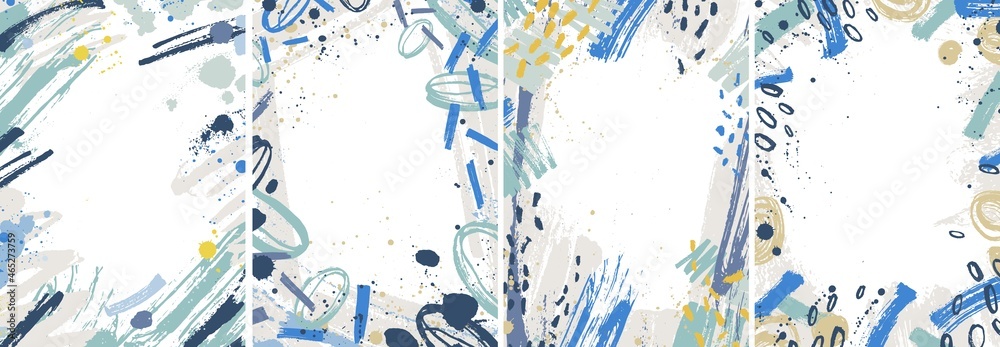 Poster Bundle of vertical backgrounds with abstract colorful paint traces, stains, blots. Collection of card templates decorated with brush strokes. Set of artistic frames. Modern vector illustration.