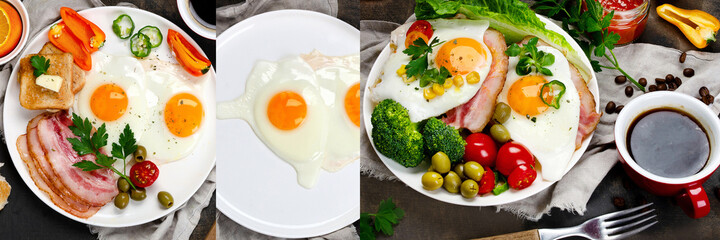 Collage food of delicious breakfast of fried eggs, bacon and vegetables with a coffee on the side.