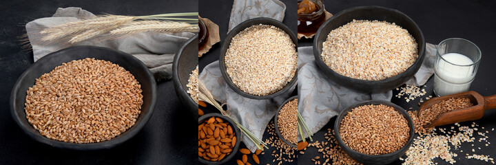 Collage food of Rolled oat flakes in black bowls and golden wheat ears on dark background.