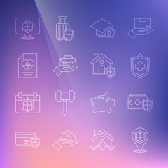 Fototapeta na wymiar Set line Location shield, Money with, Health insurance, Graduation cap and coin, Hand holding briefcase, and House icon. Vector