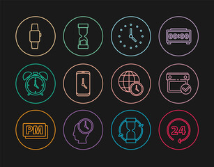 Set line Clock 24 hours, Calendar with check mark, Alarm clock app mobile, Smartwatch, World time and Old hourglass icon. Vector