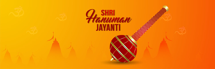 Happy hanuman jayanti celebration banner with lord hanuman weapon