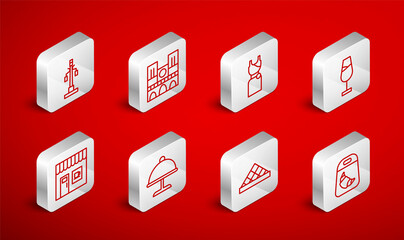 Set line Croissant package, Notre Dame, Woman dress, Wine glass, Louvre museum, Street light, Covered with tray and Coffee shop icon. Vector