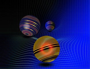 Group of balls rolling inside a dark blue gradient net background