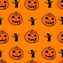 Halloween Pumpkin Seamless Pattern on Orange Background, Vector illustrator Design