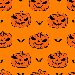 Halloween Pumpkin Seamless Pattern on Orange Background, Vector illustrator Design