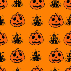 Halloween Pumpkin Seamless Pattern on Orange Background, Vector illustrator Design