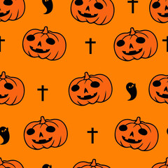 Halloween Pumpkin Seamless Pattern on Orange Background, Vector illustrator Design