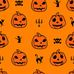 Halloween Pumpkin Seamless Pattern on Orange Background, Vector illustrator Design