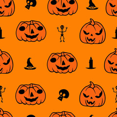 Halloween Pumpkin Seamless Pattern on Orange Background, Vector illustrator Design