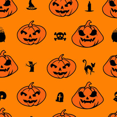 Halloween Pumpkin Seamless Pattern on Orange Background, Vector illustrator Design