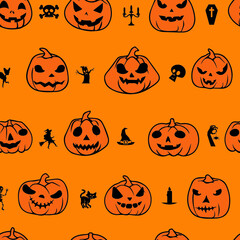 Halloween Pumpkin Seamless Pattern on Orange Background, Vector illustrator Design
