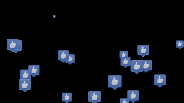 Loop animation of social media thumbs up icons rising up on black background with bokeh. 3D finger up sign motion graphic fit for like, success, follow, choice, community concept