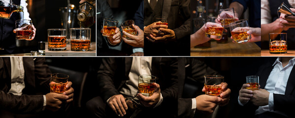 Collection of barman pouring whiskey on wood table