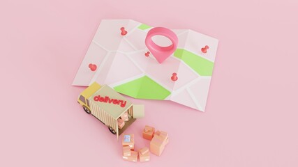 3D Map pins, GPS, navigator pin checking points Delivery truck van and Clipboard and boxes. Online delivery service concept. check delivery home and office. Fast service truck. 3d illustration
