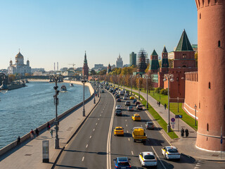 Moscow, Russia - October 5, 2021: View of the Kremlin wall, the embankment and the Moscow river...
