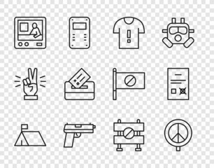 Set line Protest camp, Peace, T-shirt protest, Pistol or gun, Television report, Vote box, Road barrier and Poll document icon. Vector