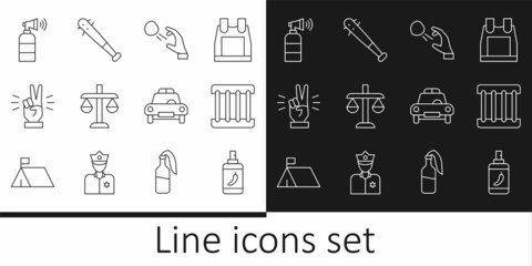 Set line Pepper spray, Prison window, Hooligan shooting stones, Scales of justice, Hand showing two finger, Air horn, Police car flasher and Baseball bat with nails icon. Vector