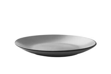 Grey ceramic round plate isolated over white background. perspective view