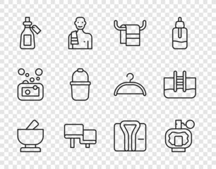 Set line Mortar and pestle, Aftershave, Towel on hanger, Sauna wood bench, Essential oil bottle, bucket, Bathrobe and Swimming pool with ladder icon. Vector