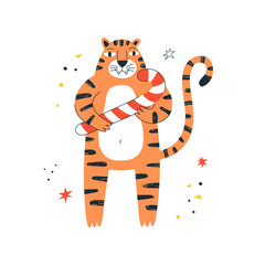Fototapeta na wymiar Cute Hand drawing tiger with candy stick. Year of the Tiger. Chinese zodiac. Perfect for t-shirt, apparel, cards, poster. Isolated on white background vector illustration