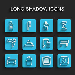 Set line Bathtub, Sauna bucket, Cream or lotion cosmetic tube, Bathroom scales, Water drop, Hanger wardrobe, wood bench and Shower icon. Vector