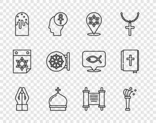 Set line Hands in praying position, Aspergillum, Star of David, Church tower, Easter cake, Dharma wheel, Decree, paper, parchment, scroll and Holy bible book icon. Vector